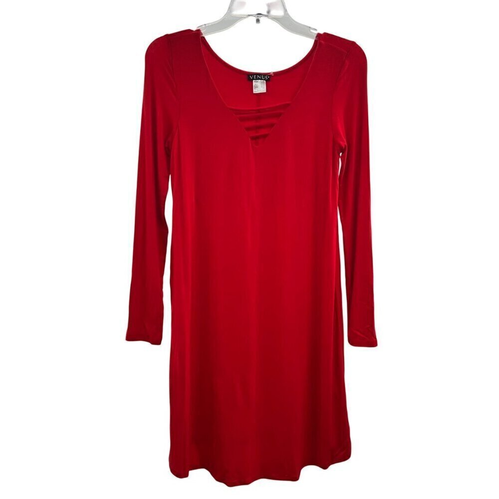 Venus Women's Ladder V-Neck Long Sleeve Shift Dress Red Size XS Above Knee